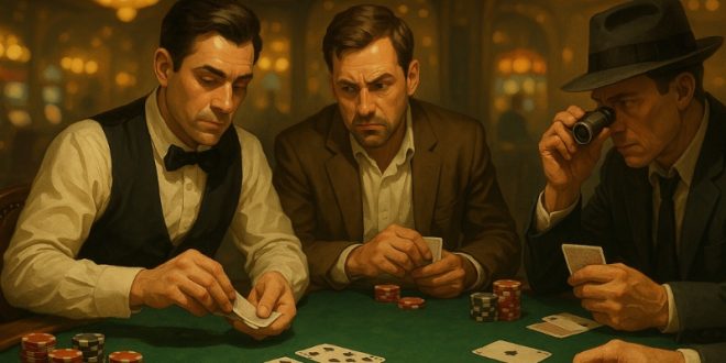 بازیکنان دور میز پوکر در حال تقلب و علامتگذاری کارتها