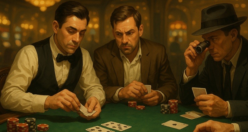 بازیکنان دور میز پوکر در حال تقلب و علامت‌گذاری کارت‌ها