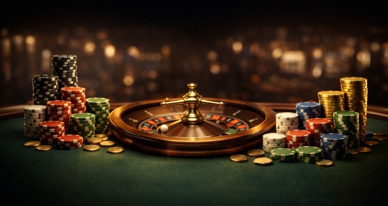 میز رولت کازینو با چیپ‌های شرط‌بندی و نمایش استراتژی‌های رولت